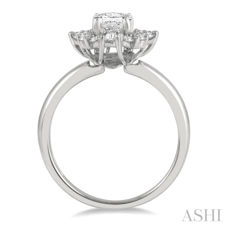 5/8 Ctw Oval Shape Oval, Baguette and Round Cut Diamond Semi-Mount Engagement Ring in 14K White Gold