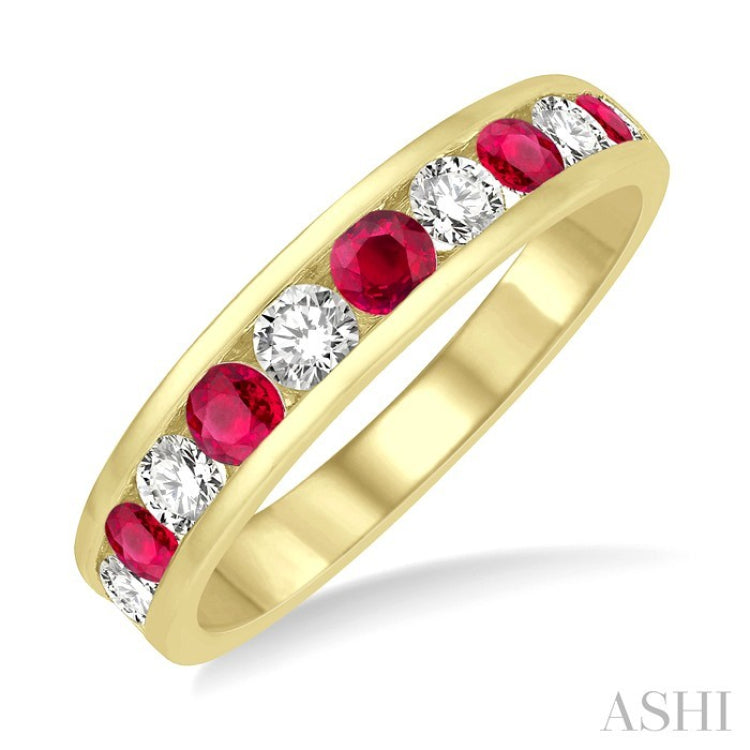 2.9 MM Round Shape Ruby and 1/2 Ctw Round Cut Diamond Precious Wedding Band in 14K Yellow Gold