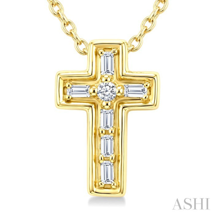 1/20 Ctw Baguette and Round Cut Diamond Cross Shape Fashion Pendant With Chain in 10K Yellow Gold