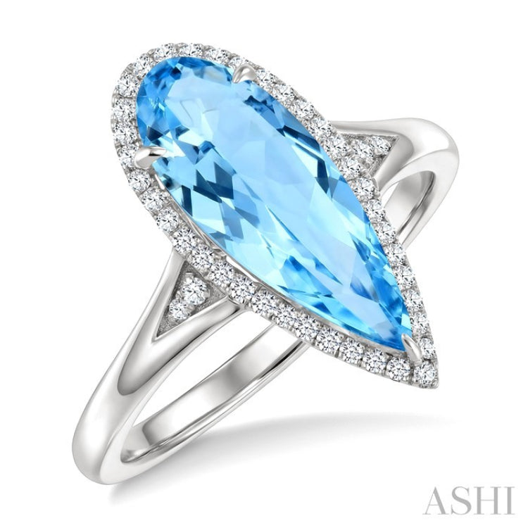 16X6 MM Pear Shape Blue Topaz and 1/6 Ctw Round Cut Diamond Semi-Precious Ring in 10K White Gold
