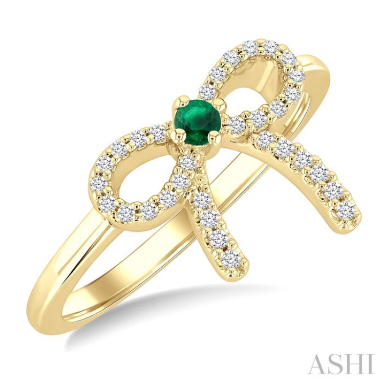 2.40 MM Round Shape Emerald and 1/8 Ctw Round Cut Diamond Bow Petite Precious Fashion Ring in 10K Yellow Gold