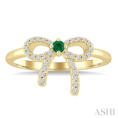 2.40 MM Round Shape Emerald and 1/8 Ctw Round Cut Diamond Bow Petite Precious Fashion Ring in 10K Yellow Gold