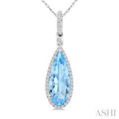 16X6 MM Pear Shape Blue Topaz and 1/5 Ctw Round Cut Diamond Semi-Precious Pendant With Chain in 10K White Gold