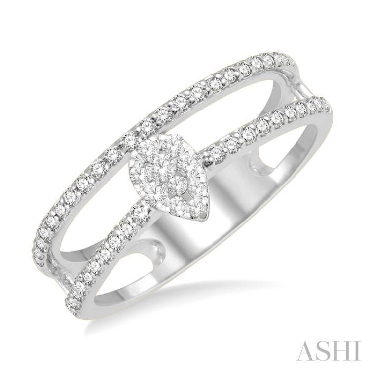 1/3 Ctw Twin Band Pear Shape Lovebright Round Cut Diamond Fashion Ring in 14K White Gold