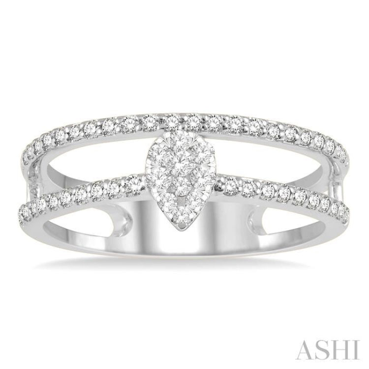 1/3 Ctw Twin Band Pear Shape Lovebright Round Cut Diamond Fashion Ring in 14K White Gold