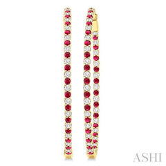 2.1 MM Ruby and Alternating 2 1/2 Ctw Round Cut Inside-Out Diamond Precious Hoop Earrings in 14K Yellow Gold