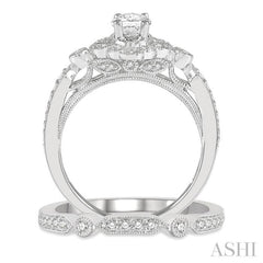 3/4 Ctw Round Cut Diamond Wedding Set With 5/8 Ctw Oval Cut Floral Engagement Ring and 1/10 Ctw Lattice Wedding Band in 14K White Gold
