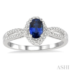 6X4 MM Oval Cut Sapphire and 1/6 Ctw Round Cut Diamond Ring in 14K White Gold