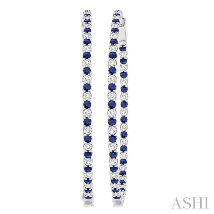 2.1 MM Sapphire and Alternating 2 1/2 Ctw Round Cut Inside-Out Diamond Precious Hoop Earrings in 14K White Gold