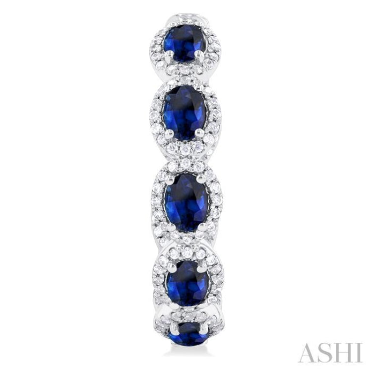4X3 MM Oval Shape Sapphire and 3/4 Ctw Interior & Exterior Round Cut Diamond Halo Precious Hoop Earrings in 14K White Gold