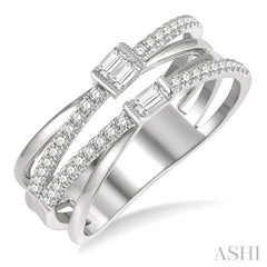 3/8 Ctw Criss-Cross Baguette and Round Diamond Fashion Ring in 14K White Gold