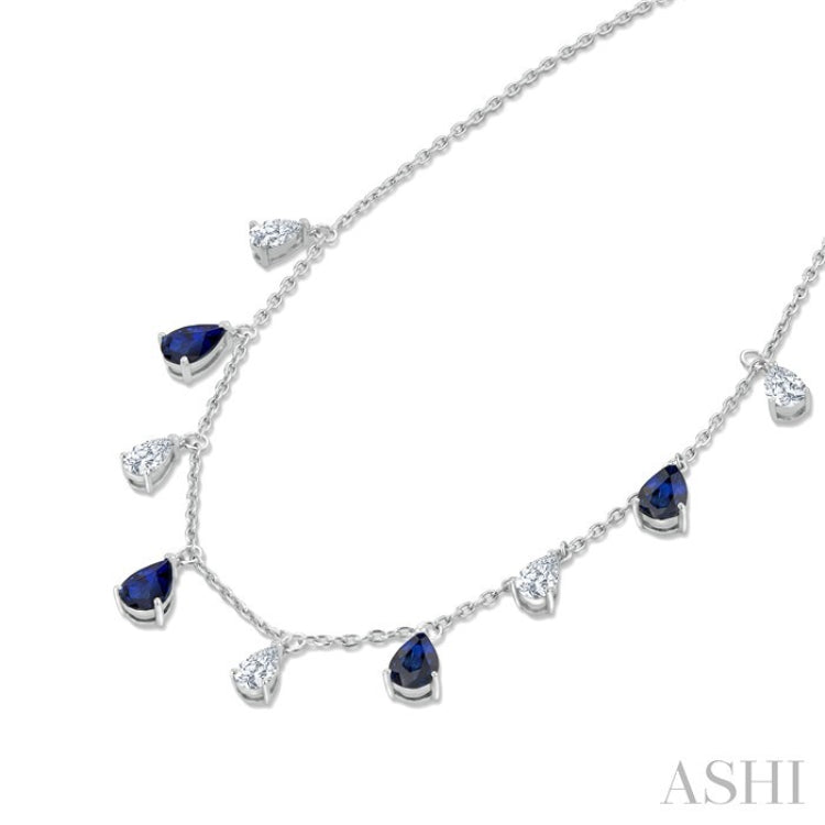 6X4 MM Pear Shape Sapphire and 1 Ctw Pear Cut Diamond Precious Station Necklace in 14K White Gold