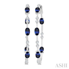 5X3 MM Oval Shape Sapphire and 7/8 Ctw Round Cut Diamond Precious Inside-Out Hoop Earrings in 14K White Gold