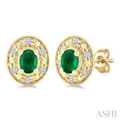 4x3 MM Oval Shaped Emerald and 1/10 Ctw Round Cut Diamond Earrings in 14K Yellow Gold