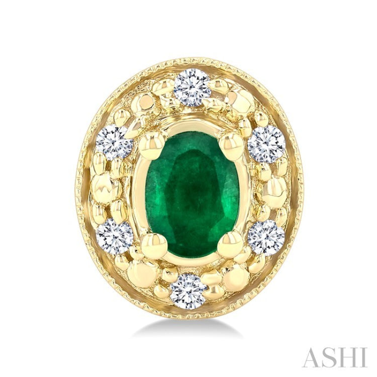 4x3 MM Oval Shaped Emerald and 1/10 Ctw Round Cut Diamond Earrings in 14K Yellow Gold