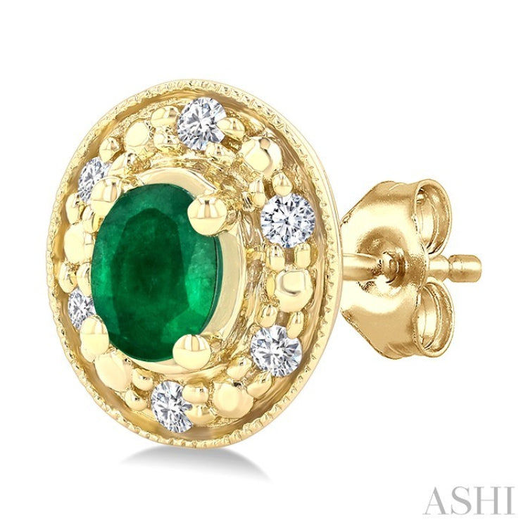 4x3 MM Oval Shaped Emerald and 1/10 Ctw Round Cut Diamond Earrings in 14K Yellow Gold