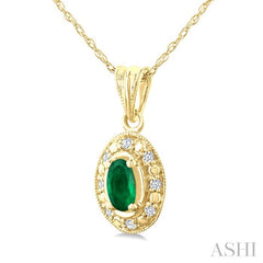 5x3 MM Oval Shape Emerald and 1/20 Ctw Round Cut Diamond Pendant in 14K Yellow Gold with Chain