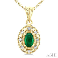 5x3 MM Oval Shape Emerald and 1/20 Ctw Round Cut Diamond Pendant in 14K Yellow Gold with Chain