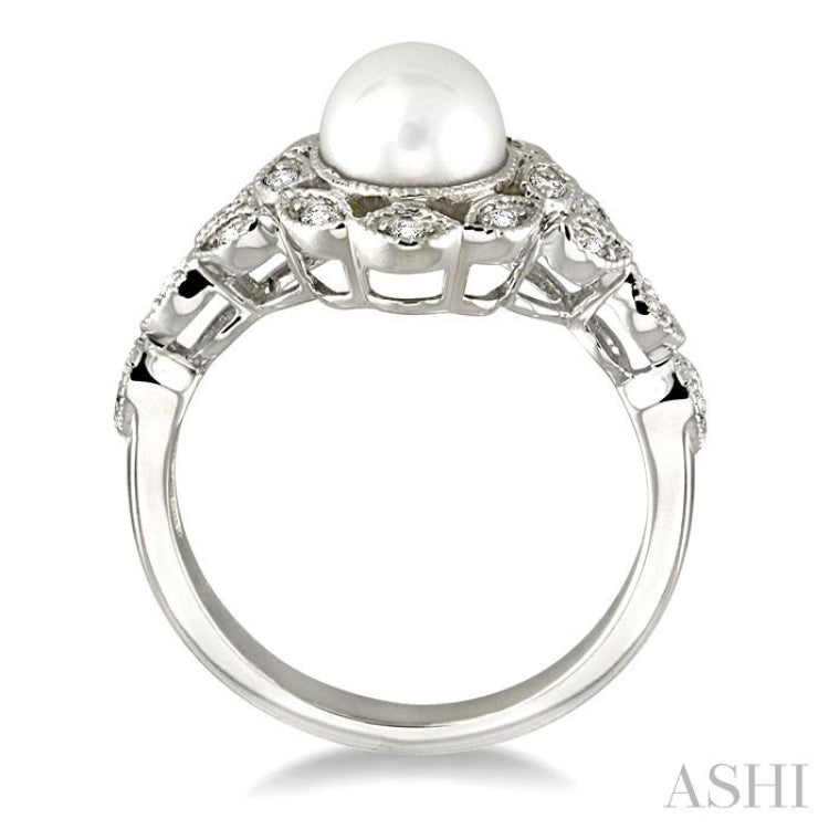 6.5 MM Cultured Pearl and 1/8 Ctw Round Cut Diamond Ring in 10K White Gold