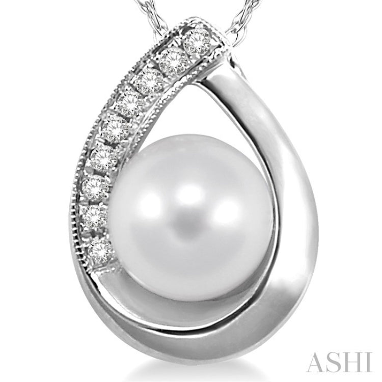 6.5 MM Round Shape Cultured Pearl and 1/20 Ctw Round Cut Diamond Pendant in 10K White Gold with Chain