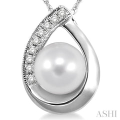 6.5 MM Round Shape Cultured Pearl and 1/20 Ctw Round Cut Diamond Pendant in 10K White Gold with Chain