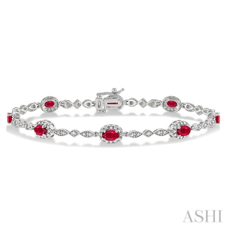 5x3 MM Oval Cut Ruby and 1/20 Ctw Round Cut Diamond Bracelet in 10K White Gold