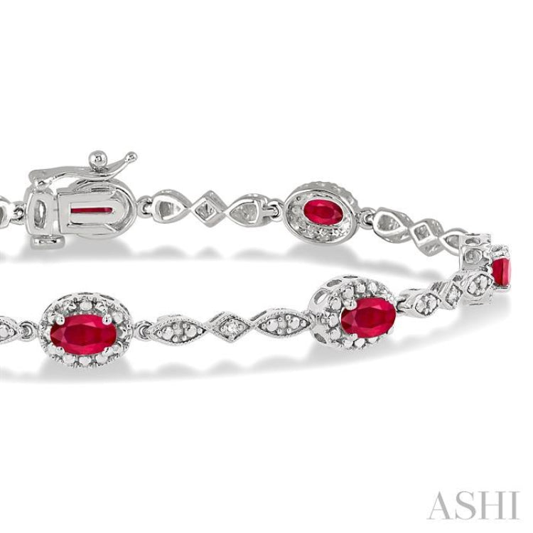 5x3 MM Oval Cut Ruby and 1/20 Ctw Round Cut Diamond Bracelet in 10K White Gold