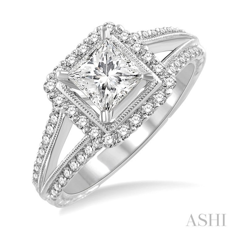 1 1/6 Ctw Diamond Engagement Ring with 3/4 Ct Princess Cut Center Stone in 14K White Gold