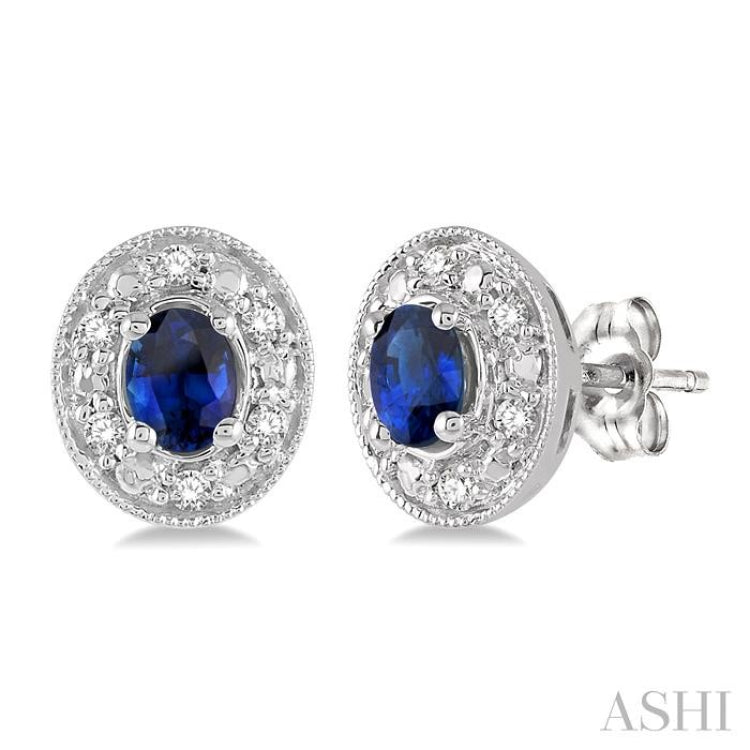 4x3 MM Oval Shaped Sapphire and 1/10 Ctw Round Cut Diamond Earrings in 14K White Gold
