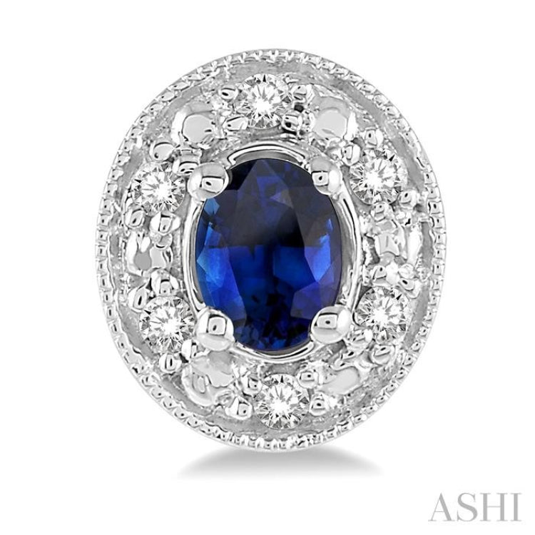 4x3 MM Oval Shaped Sapphire and 1/10 Ctw Round Cut Diamond Earrings in 14K White Gold