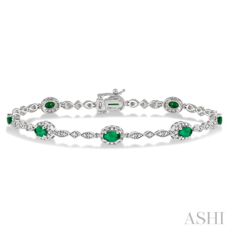 5x3 MM Oval Cut Emerald and 1/20 Ctw Round Cut Diamond Bracelet in 14K White Gold