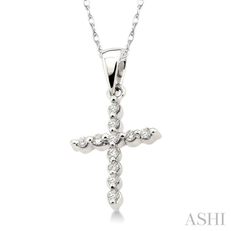 1/10 Ctw Round Cut Diamond Cross Petite Pendant in 10K White Gold with Chain