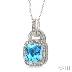 10x10 MM Cushion Shape Blue Topaz and 1/20 Ctw Round Cut Diamond Pendant in Sterling Silver with Chain