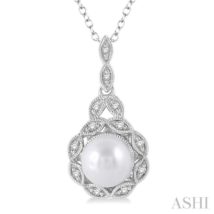 6.5x6.5 MM Cultured Pearl and 1/20 Ctw Round Cut Diamond Pendant in Sterling Silver with Chain