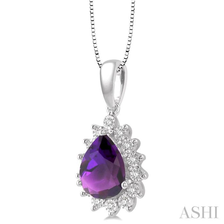 9X6 MM Pear Shape Amethyst and 1/10 Ctw Round Cut Diamond Semi-Precious Pendant With Chain in 10K White Gold