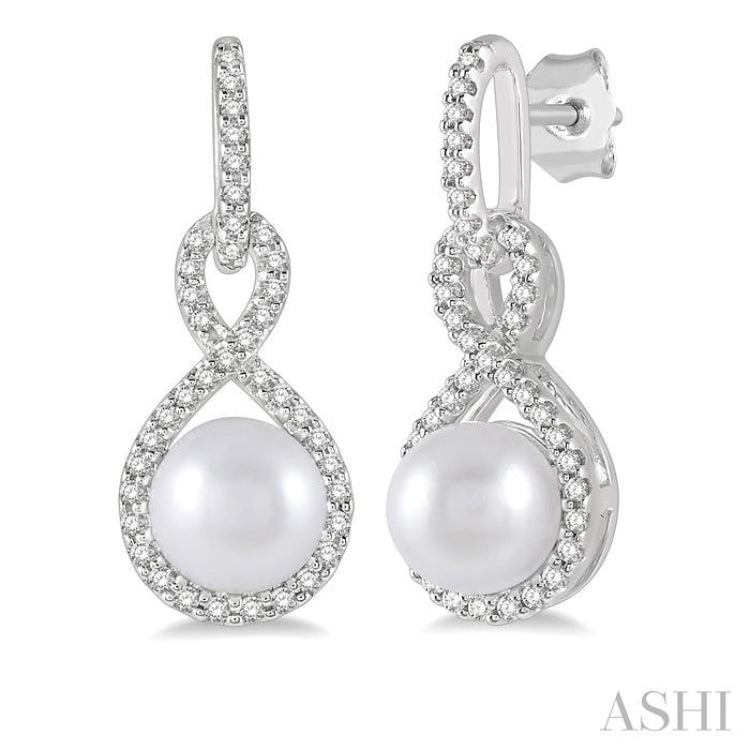 6x6 MM Round Shape Cultured Pearl and 1/4 Ctw Twisted Loop Round Cut Diamond Earrings in 10K White Gold