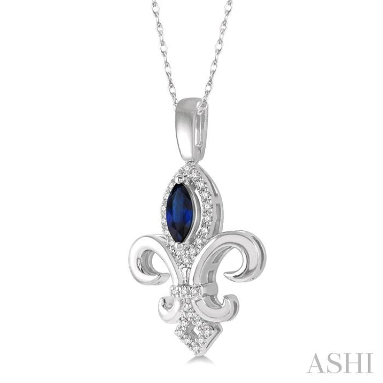 6x3 MM Marquise Shape Sapphire and 1/10 Ctw Round Cut Diamond Fleur De Lis Precious Pendant With Chain in 10K White Gold