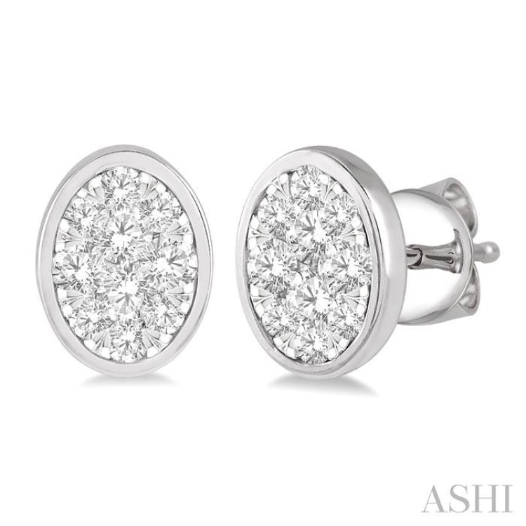 1/2 Ctw Oval Shape Lovebright Round Cut Diamond Bezel Stud Earrings in 14K White Gold