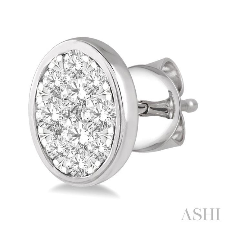 1/2 Ctw Oval Shape Lovebright Round Cut Diamond Bezel Stud Earring in 14K White Gold