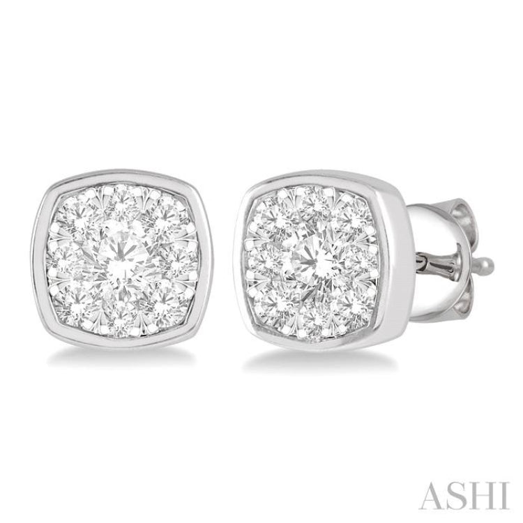 1/2 Ctw Cushion Shape Round Cut Diamond Lovebright Bezel Stud Earrings in 14K White Gold