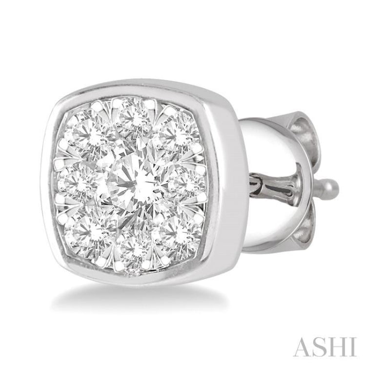 1/2 Ctw Cushion Shape Round Cut Diamond Lovebright Bezel Stud Earrings in 14K White Gold