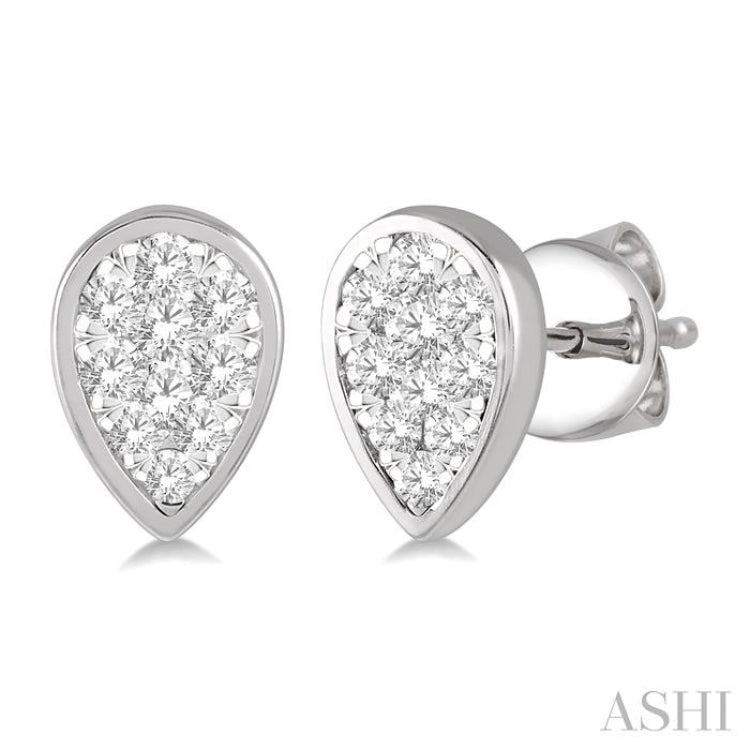 1/2 Ctw Pear Shape Lovebright Round Cut Diamond Bezel Stud Earrings in 14K White Gold
