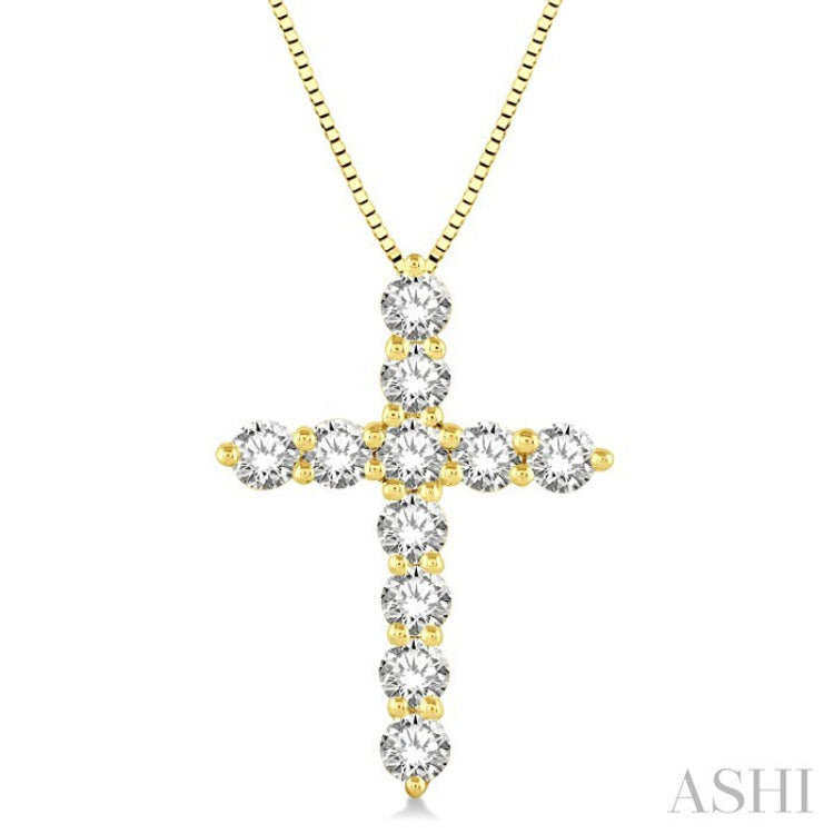1 Ctw Round Cut Diamond Cross Pendant in 14K Yellow Gold with Chain