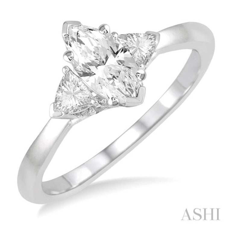 3/4 Ctw Marquise and Triangular Cut Diamond Ladies Engagement Ring with 1/2 Ct Marquise cut Center Stone in 14K White Gold
