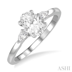 3/4 Ctw Pear and Oval Cut Diamond Ladies Engagement Ring With 1/2 Ct Oval Cut Center Stone in 14K White Gold