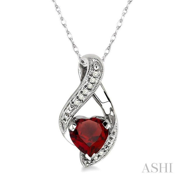 7x7 MM Heart Shape Garnet and 1/20 Ctw Round Cut Diamond Semi-Precious Pendant in 10K White Gold with Chain