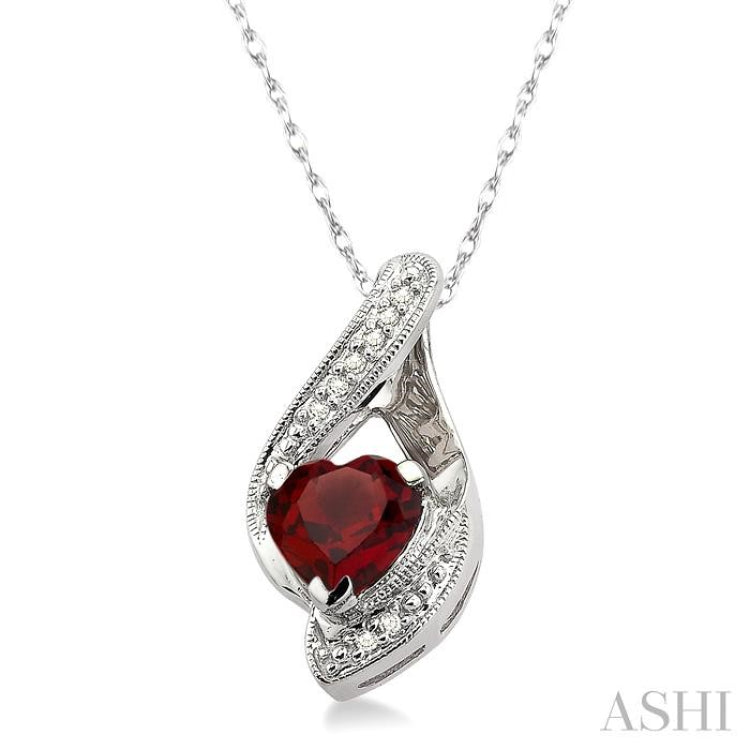 7x7 MM Heart Shape Garnet and 1/20 Ctw Round Cut Diamond Semi-Precious Pendant in 10K White Gold with Chain