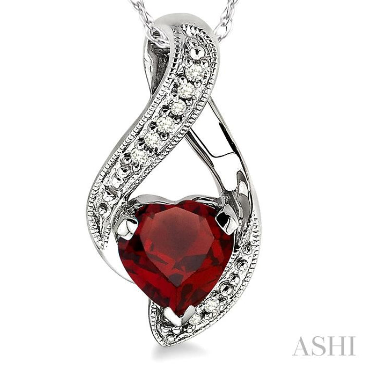 7x7 MM Heart Shape Garnet and 1/20 Ctw Round Cut Diamond Semi-Precious Pendant in 10K White Gold with Chain