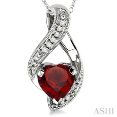 7x7 MM Heart Shape Garnet and 1/20 Ctw Round Cut Diamond Semi-Precious Pendant in 10K White Gold with Chain