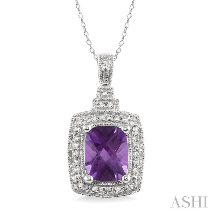 9x7 MM Cushion Shape Amethyst and 1/10 Ctw Round Cut Diamond Pendant in Sterling Silver with Chain